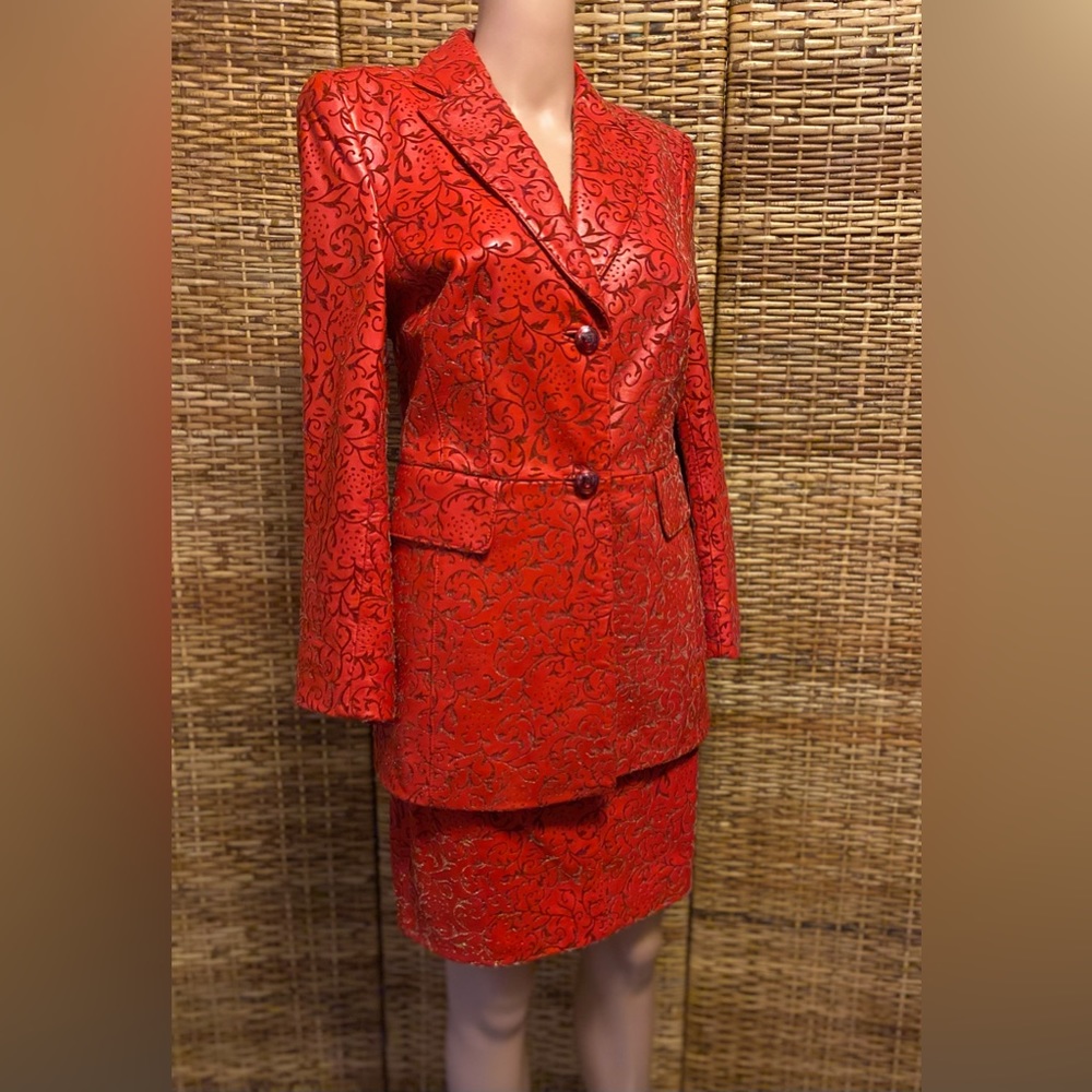 ESCADA Red Embossed Leather Skirt & Blazer Suit 38